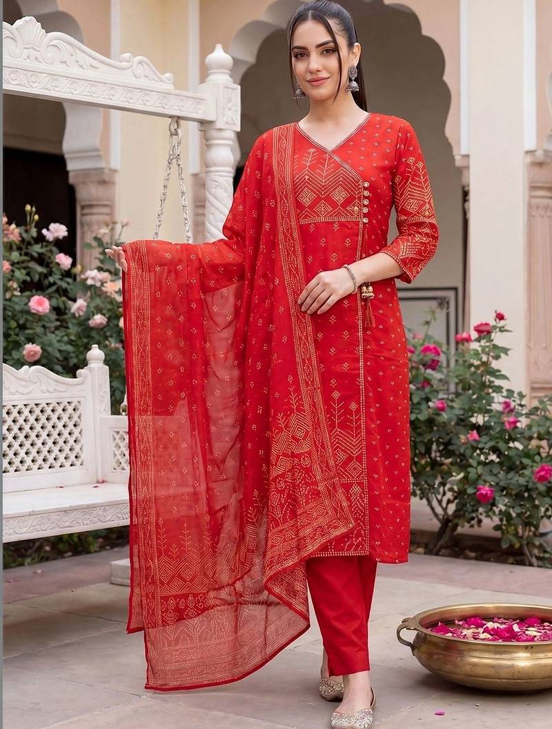 Women Ethnic Motifs Printed Angrakha Cotton Kurta with Trousers & Dupatta
