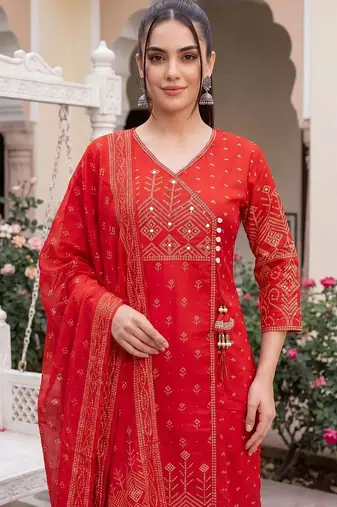 Women Ethnic Motifs Printed Angrakha Cotton Kurta with Trousers & Dupatta