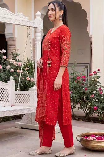 Women Ethnic Motifs Printed Angrakha Cotton Kurta with Trousers & Dupatta