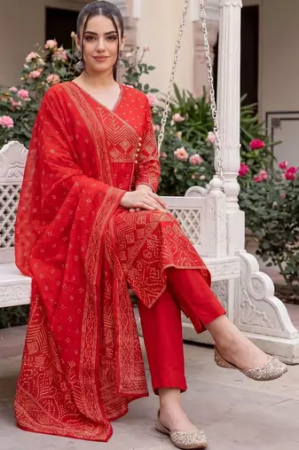Women Ethnic Motifs Printed Angrakha Cotton Kurta with Trousers & Dupatta