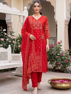 Women Ethnic Motifs Printed Angrakha Cotton Kurta with Trousers & Dupatta 6
