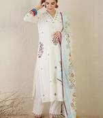 Floral Embroidered Thread Work Cotton Kurta With Trouser & Dupatta