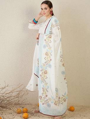 Floral Embroidered Thread Work Cotton Kurta With Trouser & Dupatta 3