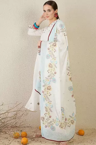Floral Embroidered Thread Work Cotton Kurta With Trouser & Dupatta