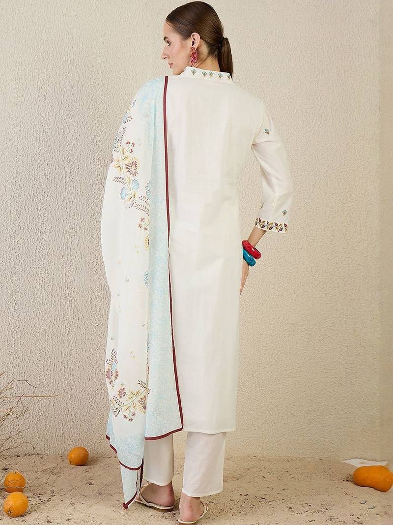 Floral Embroidered Thread Work Cotton Kurta With Trouser & Dupatta