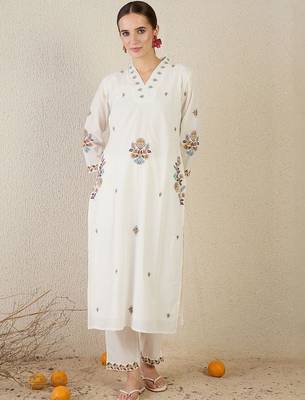 Floral Embroidered Thread Work Cotton Kurta With Trouser & Dupatta 6