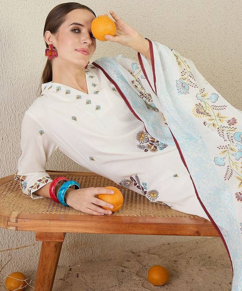 Floral Embroidered Thread Work Cotton Kurta With Trouser & Dupatta