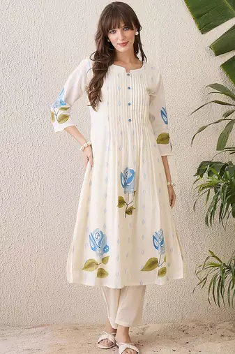 Floral Printed Pleated Mandarin Collar Cotton A-Line Kurta With Trousers