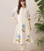 Floral Printed Pleated Mandarin Collar Cotton A-Line Kurta With Trousers