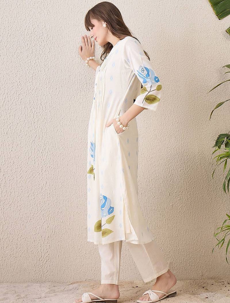 Floral Printed Pleated Mandarin Collar Cotton A-Line Kurta With Trousers