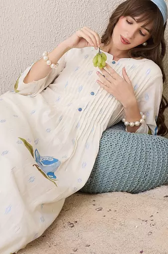 Floral Printed Pleated Mandarin Collar Cotton A-Line Kurta With Trousers