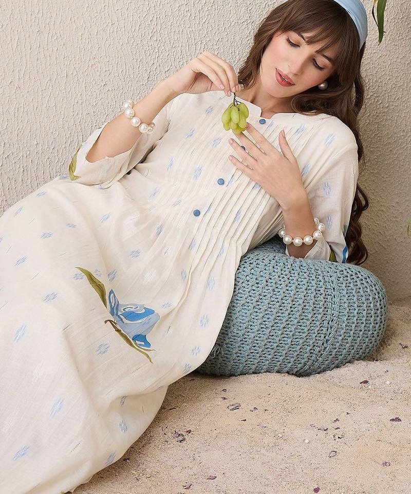Floral Printed Pleated Mandarin Collar Cotton A-Line Kurta With Trousers