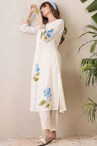 Floral Printed Pleated Mandarin Collar Cotton A-Line Kurta With Trousers