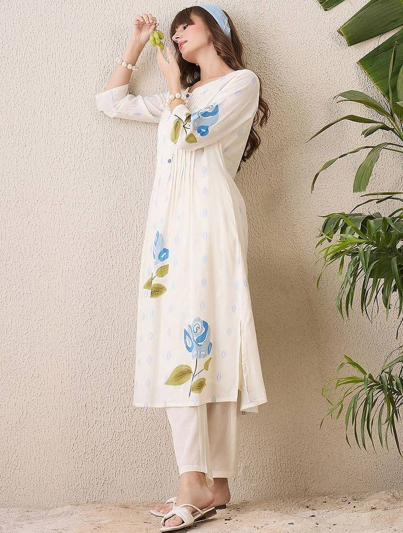 Floral Printed Pleated Mandarin Collar Cotton A-Line Kurta With Trousers