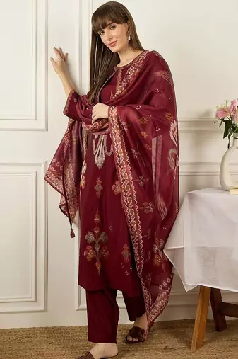 Floral Embroidered Round Neck Straight Kurta With Trousers & Dupatta