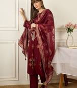 Floral Embroidered Round Neck Straight Kurta With Trousers & Dupatta
