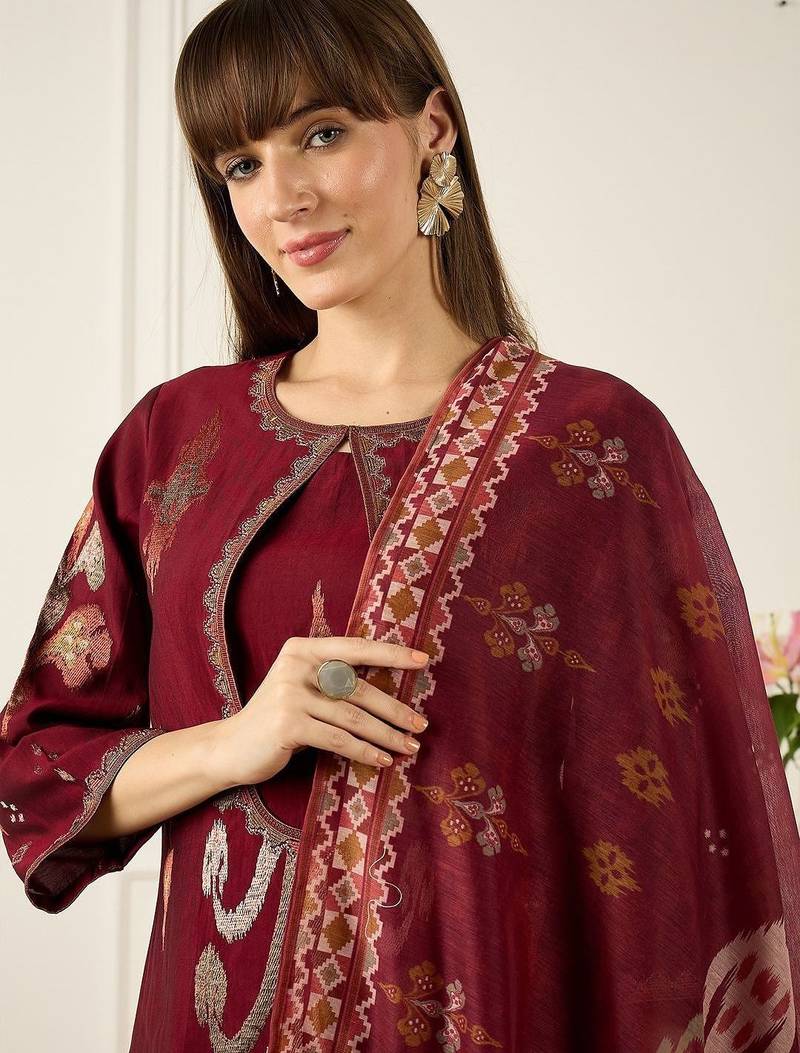Floral Embroidered Round Neck Straight Kurta With Trousers & Dupatta
