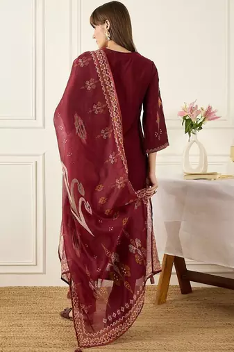 Floral Embroidered Round Neck Straight Kurta With Trousers & Dupatta