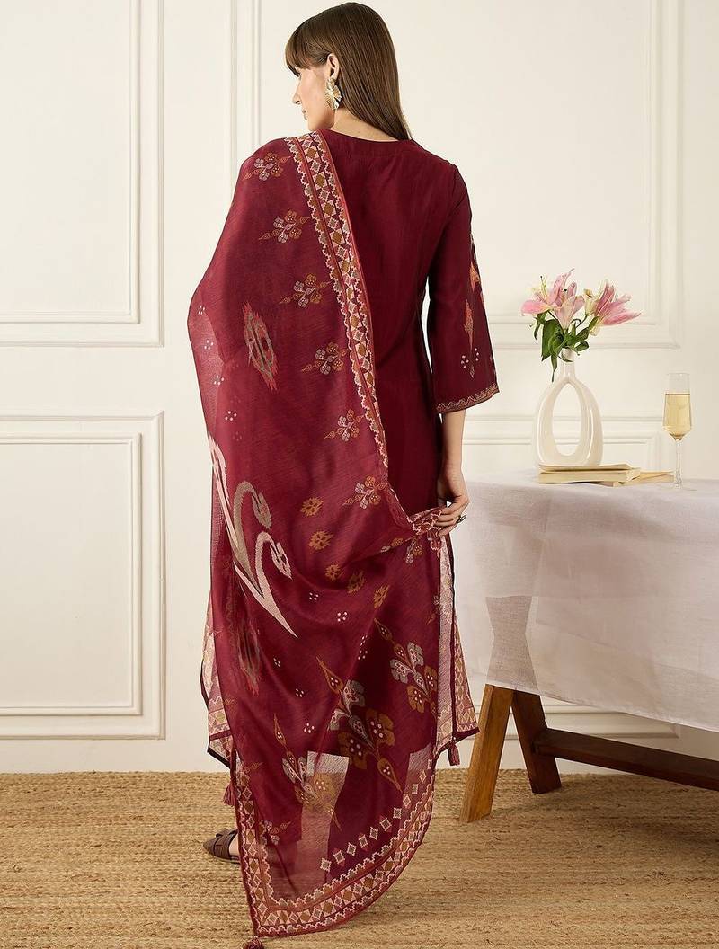 Floral Embroidered Round Neck Straight Kurta With Trousers & Dupatta
