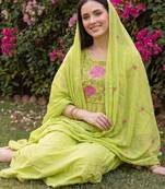 Women Floral Embroidered Tiered Thread Work Cotton Kurta with Trousers & With Dupatta