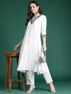 Self Design Thread Work Cotton Kurta with Trousers 1