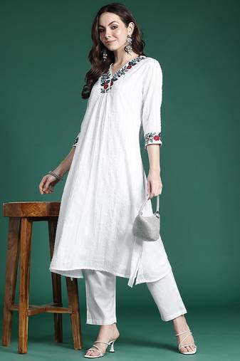 Self Design Thread Work Cotton Kurta with Trousers