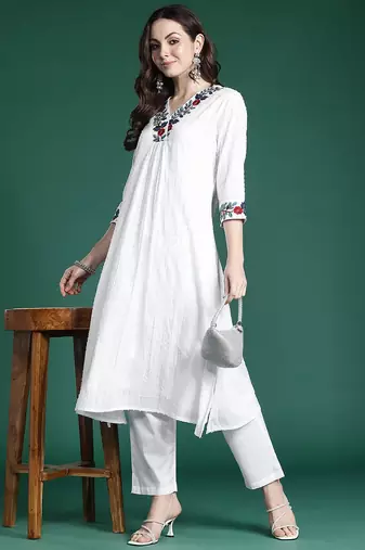 Self Design Thread Work Cotton Kurta with Trousers