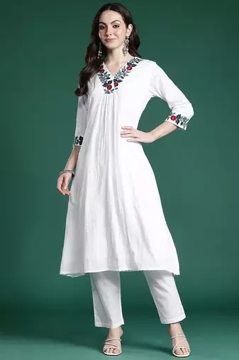 Self Design Thread Work Cotton Kurta with Trousers