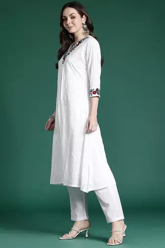 Self Design Thread Work Cotton Kurta with Trousers