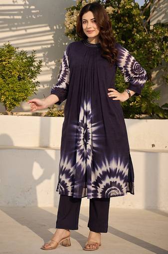 Blue Printed A-line Kurta Trousers Set