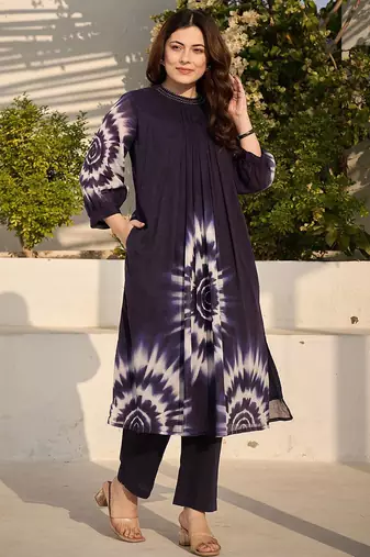 Blue Printed A-line Kurta Trousers Set