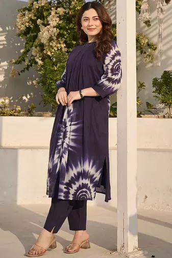 Blue Printed A-line Kurta Trousers Set