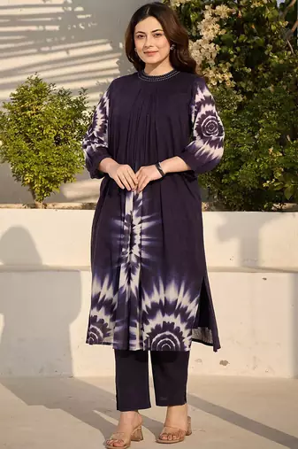 Blue Printed A-line Kurta Trousers Set