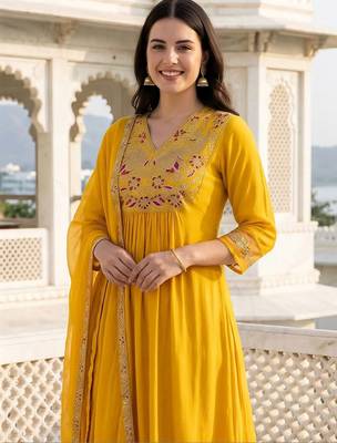 Women Ethnic Motifs Embroidered Empire Thread Work Liva Kurta with Trousers & With Dupatta 2