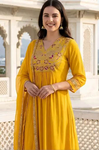 Women Ethnic Motifs Embroidered Empire Thread Work Liva Kurta with Trousers & With Dupatta