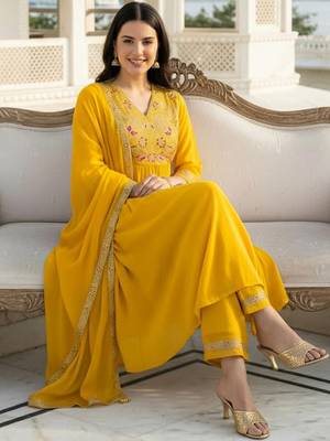 Women Ethnic Motifs Embroidered Empire Thread Work Liva Kurta with Trousers & With Dupatta 6