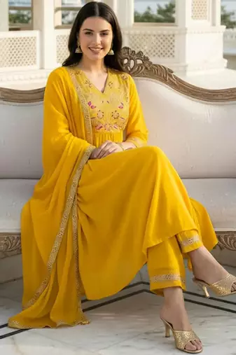 Women Ethnic Motifs Embroidered Empire Thread Work Liva Kurta with Trousers & With Dupatta