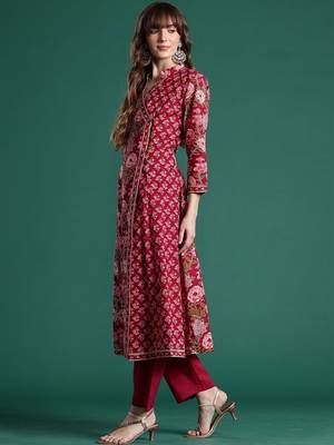 Women Floral Printed Angrakha Cotton Kurta with Trousers & With Dupatta 1