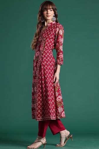 Women Floral Printed Angrakha Cotton Kurta with Trousers & With Dupatta
