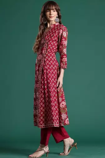 Women Floral Printed Angrakha Cotton Kurta with Trousers & With Dupatta