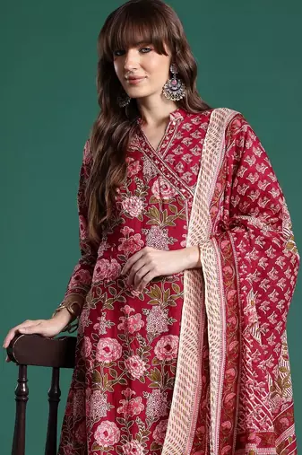 Women Floral Printed Angrakha Cotton Kurta with Trousers & With Dupatta