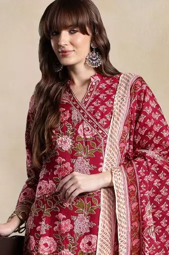 Women Floral Printed Angrakha Cotton Kurta with Trousers & With Dupatta