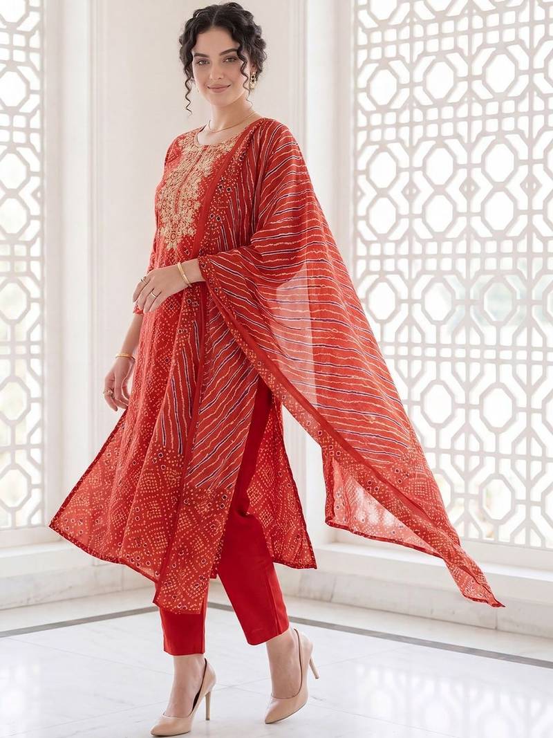 Women Ethnic Motifs Printed Mirror Work Cotton Kurta with Trousers & With Dupatta
