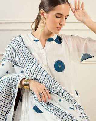 Geometric Printed Band Collar Cotton A-Line Kurta with Trousers & Dupatta 1