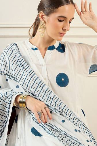 Geometric Printed Band Collar Cotton A-Line Kurta with Trousers & Dupatta
