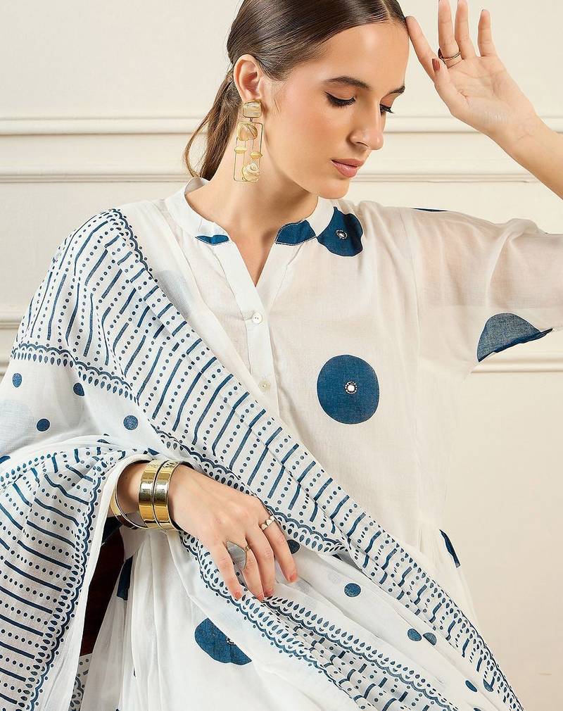 Geometric Printed Band Collar Cotton A-Line Kurta with Trousers & Dupatta