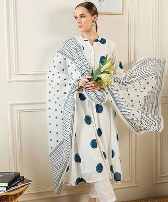 Geometric Printed Band Collar Cotton A-Line Kurta with Trousers & Dupatta 2