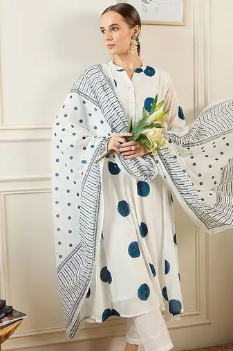 Geometric Printed Band Collar Cotton A-Line Kurta with Trousers & Dupatta