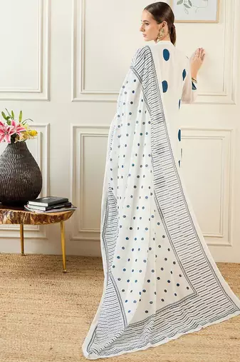 Geometric Printed Band Collar Cotton A-Line Kurta with Trousers & Dupatta