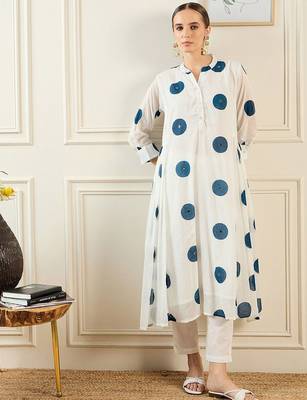 Geometric Printed Band Collar Cotton A-Line Kurta with Trousers & Dupatta 6